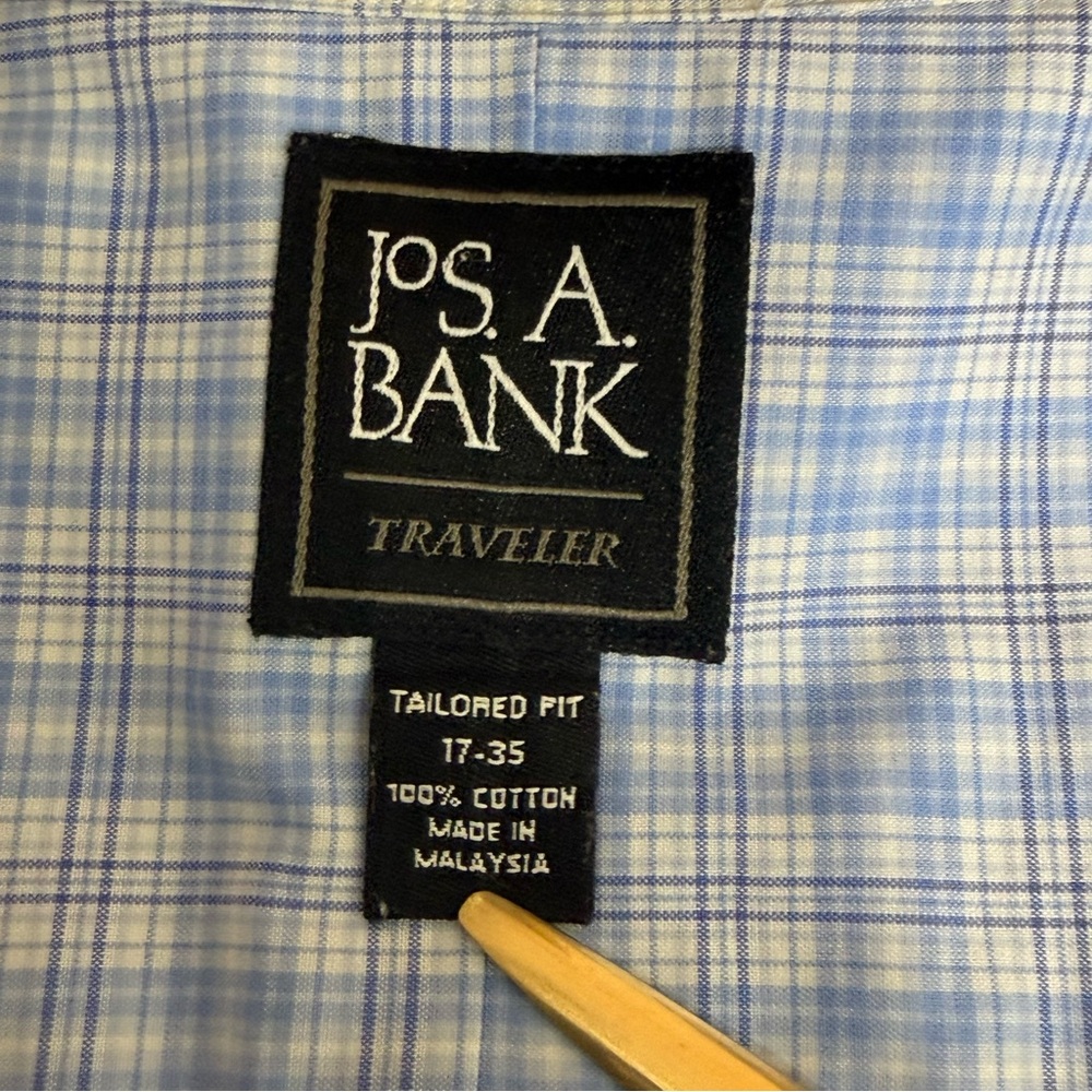 Jos A‎ Bank Traveler Blue Plaid Shirt 17 35 Tailored Fit Cotton - Picture 5 of 8